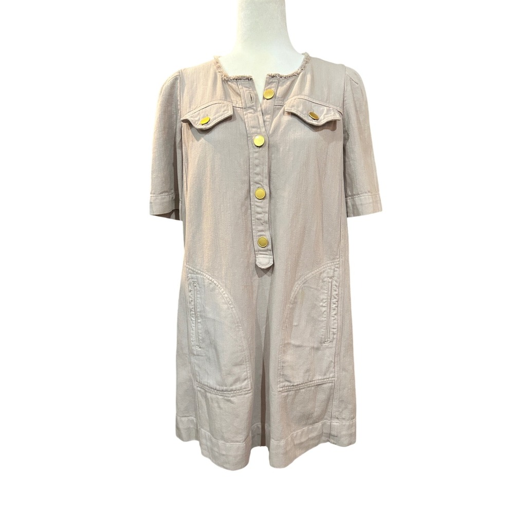 Tunic Dress with Gold Buttons Frayed Trim Patch Pockets Casual Stylish